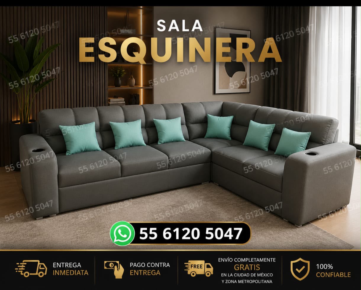 Sala esquinera gris con cojines aqua